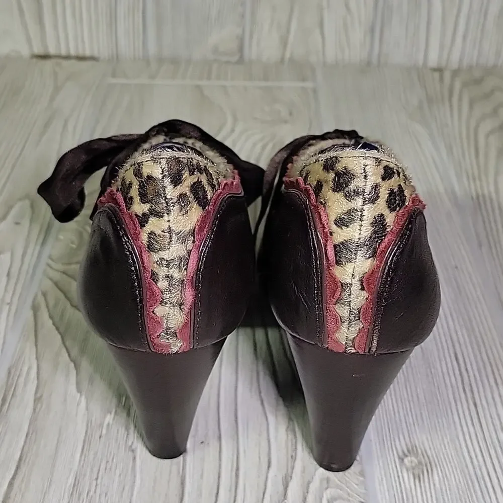 Poetic Licence Backlash Chocolate Leopard Print Lace Up Heels Womens EU37 US 6.5